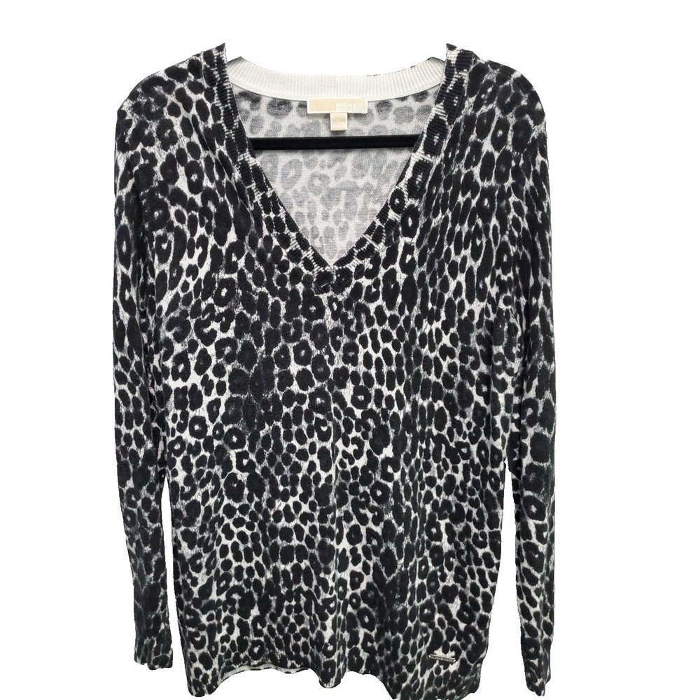 Michael Kors Womens V Neck Leopard Print Cotton Blend Sweater Long sleeve Size L